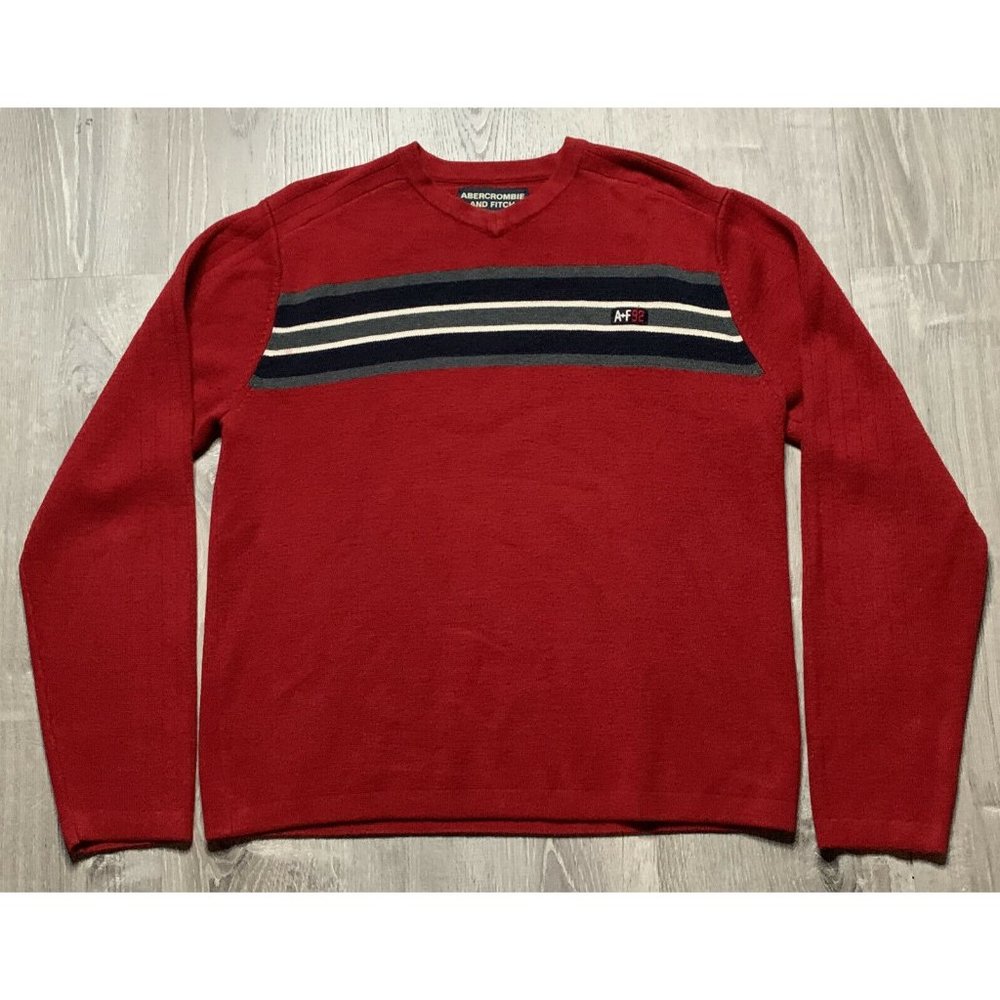 Men's‎ Abercrombie & Fitch Long Sleeve V-Neck Sweater Red Blue/Gray Stripes L
